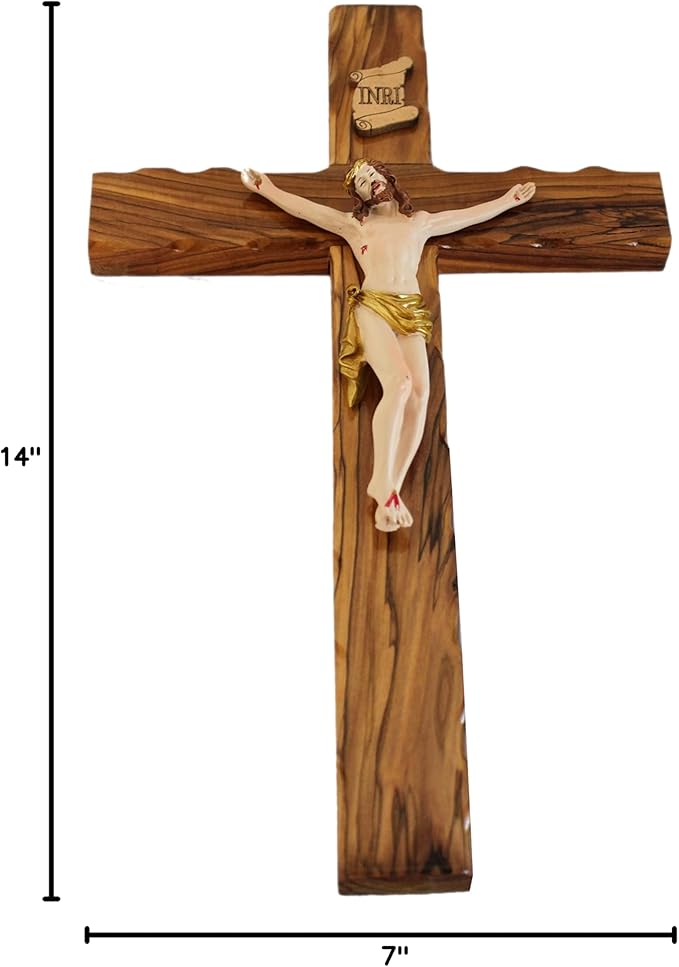 Holy Land Market Olive Wood Cross from Bethlehem - Includes Certificate & Prayer Card, 14 Inch Wall Hanging Decor