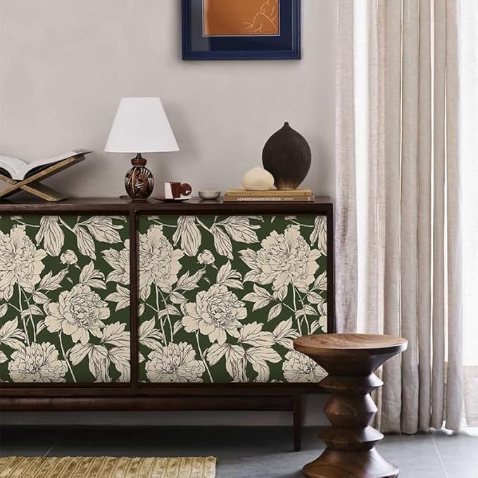 Peel and Stick Wallpaper Contact Paper for Cabinets Drawers Green Beige Floral Flower Vintage Design 17.5x236.2in Self Adhesive Wall Removable Desk Bedroom Moody Renter Friendly Modern