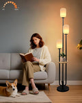 Lightdot Black Dimmable Floor Lamp with Shelf, Modern Floor Lamps with Oval Striped Lampshade& Bulb Included 3-Lights Candle Holder Style Tall Lamp for Living Room/Bedroom/Sofa Beside/Corner Decor