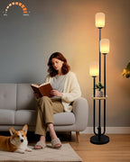 Lightdot Black Dimmable Floor Lamp with Shelf, Modern Floor Lamps with Oval Striped Lampshade& Bulb Included 3-Lights Candle Holder Style Tall Lamp for Living Room/Bedroom/Sofa Beside/Corner Decor