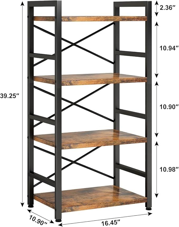 Tall Bookshelf for Small Spaces, 4-Tier Industrial Bookcase with Metal Frame and Wood Shelves, Vertical Storage Shelf for Apartments, Condos, and Small Rooms