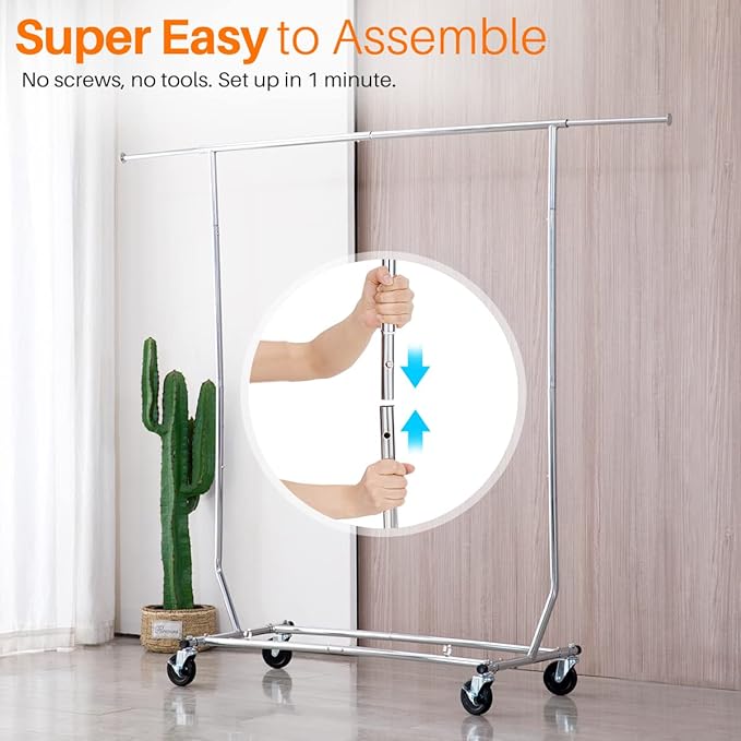 HOKEEPER Clothes Rack with Lockable Wheels Height Adjustable Clothing Rack Clothing Rack 300LBS Commercial Grade Portable Closet for Bedroom, Living Room, Laundry, Balcony, Silver