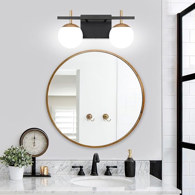 Bathroom Light Fixtures Over Mirror, Black and Gold Mid Century Modern Bathroom Vanity Light Fixtures with Milky Glass Shade 2-Light Globe Sconces Wall Lighting for Living Room Hallway