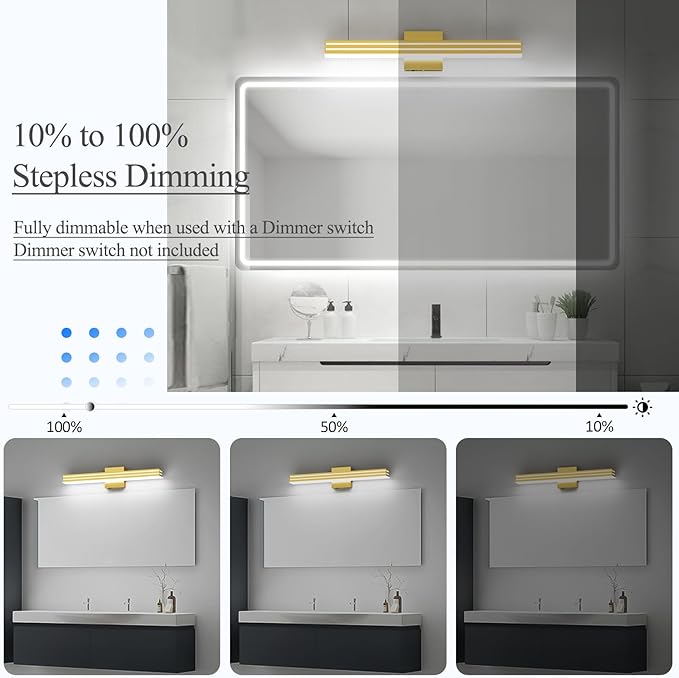 Ralbay 24inch Gold Vanity Light with 5 Color Temperature (2700K-6000K) Dimmable Acrylic Metal 24W LED Modern Matte Gold Bathroom Vanity Light Bar