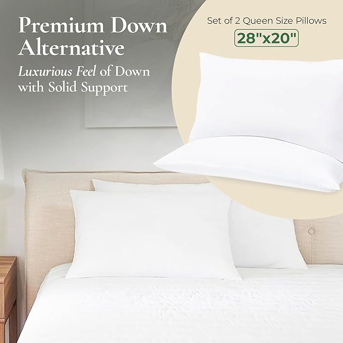 Fern and Willow Queen Size Bed Pillows - Set of 2, 28"x20" - Luxurious Ultra-Soft Cooling Pillow - Hotel Quality, Down Alternative Fill - Ideal Gift for Side, Back & Stomach Sleepers