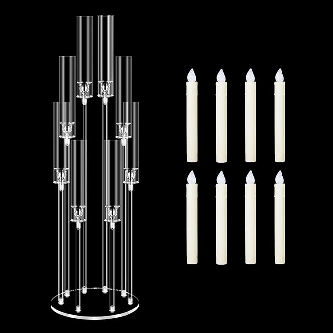 8 Arms Acrylic Candelabra Centerpieces for Wedding Table Decorations,38.5'' Tall Clear Candlesticks Holder with Acrylic Shade for Valentine's Day Dinner Party Fireplace Gift,with LED Candles