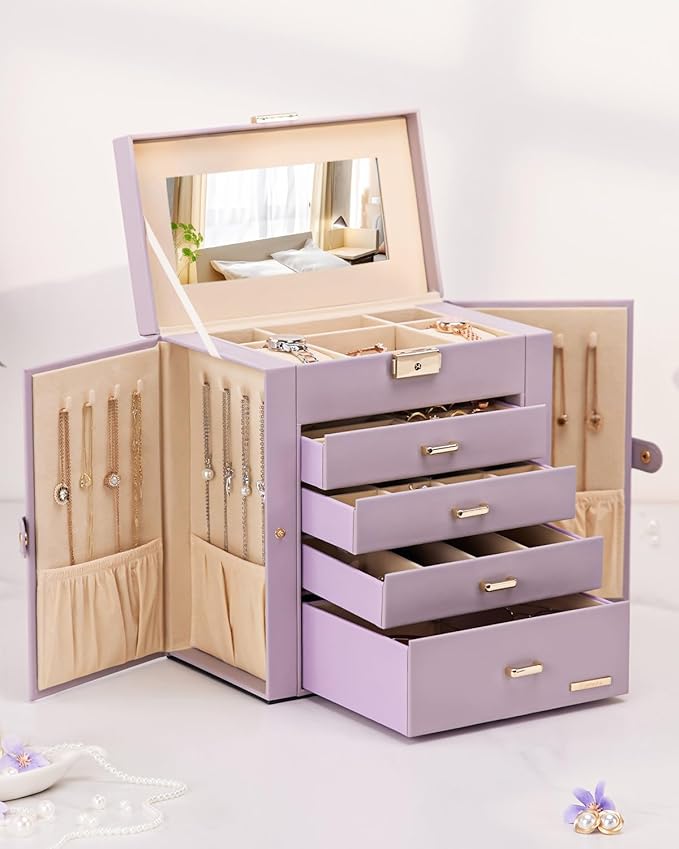 Homde Valentine's Day Gifts Synthetic Leather Huge Jewelry Box Mirrored Watch Organizer Necklace Ring Earring Storage Lockable Gift Case (Grey Purple + Gold)