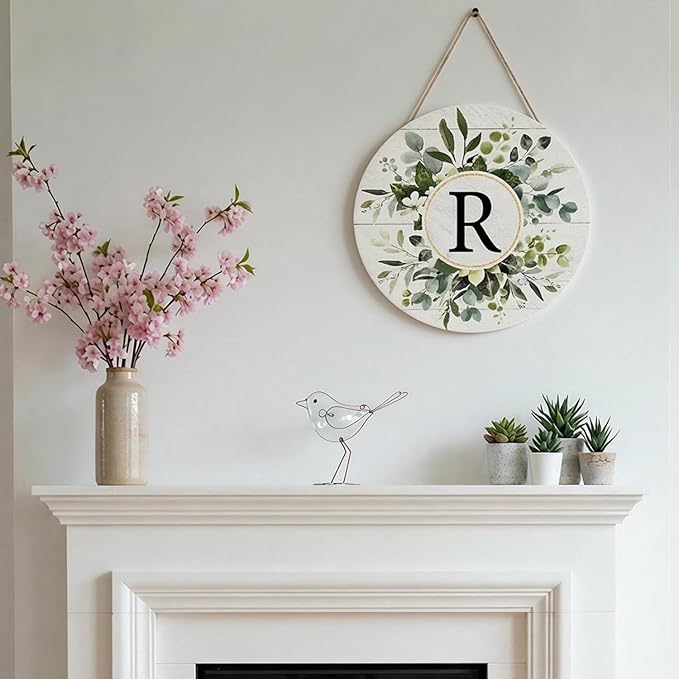 Smile Monogram Letter R Wreaths Wooden Welcome Sign, Family Last Name Initial Front Door Wall Decoration, Floral Spring Summer Porch Rustic Home Kitchen Decor