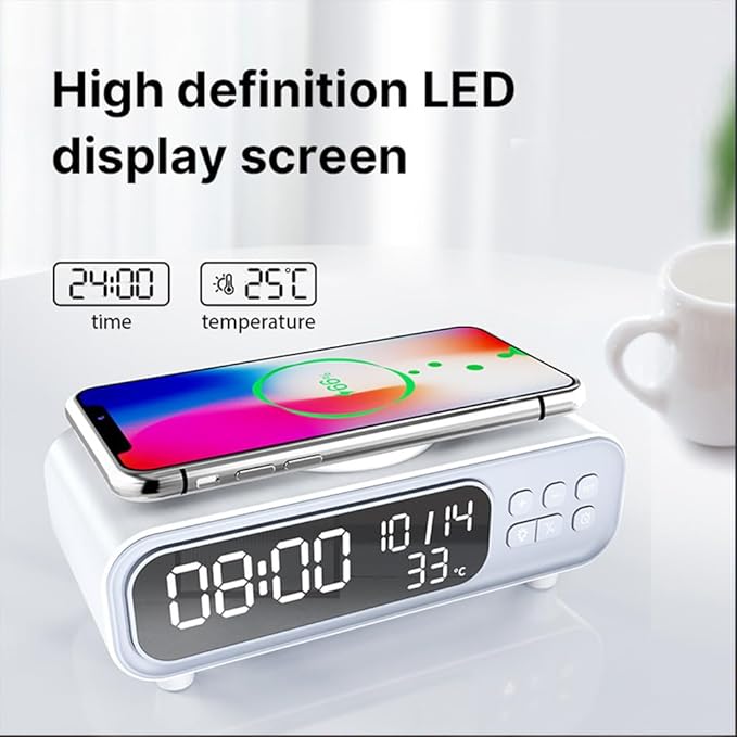 IHAO 5in1 Alarm Clock with Wireless Charging Night Light 15W Fast Charger for Phone and Headphone, LED Digital Display with Date & Temperature, Dimmable for Bedroom & Office-D15 Clock White