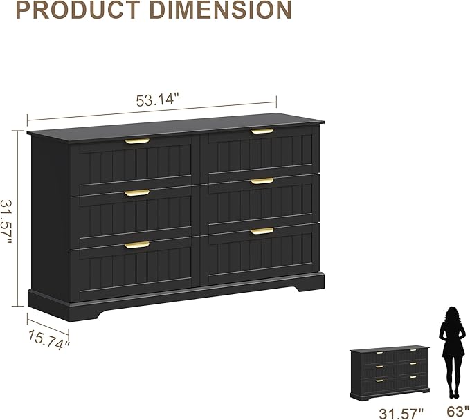 6 Wooden Drawer Dresser for Bedroom Storage, Modern Farmhouse Wood Chest of Drawers with Metal Handles, Wide Storage Cabinet for Closet, Living Room, or Entryway Black