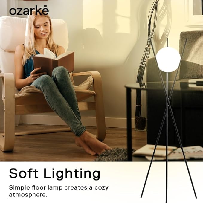 Ozarke Solstice Modern Frosted Glass Globe Floor Lamp (165cm) Contemporary LED Dimmable Lighting for Bedroom, Living Room, Hotel & Home Office (Gold)