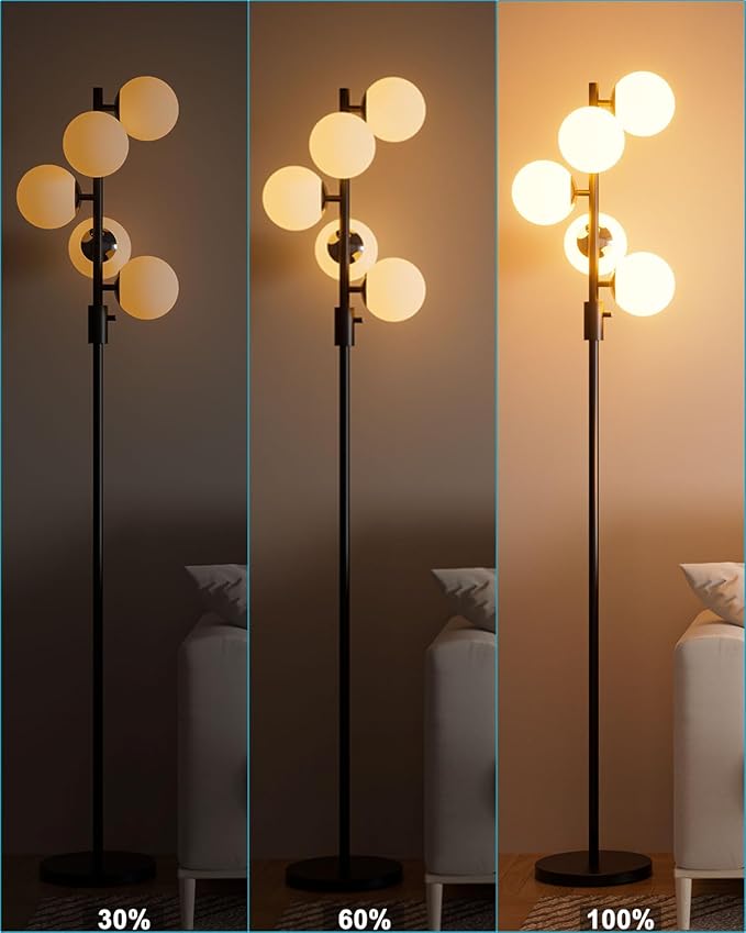 Lightdot 5-Globe Dimmable Globe Floor Lamp Black Retro Standing Lamps with 3000K Bulbs Included Brightness Adjustable Mid Century Modern Floor Lamp for Living Room/Bedroom/Sofa Beside/Corner Decor