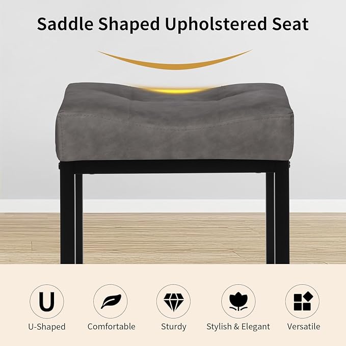 Saddle Seat Vanity Stool, Makeup Stool Chair with Metal Leg, U-Shaped Leather Ottoman Foot Rest Stool, Small Square Chairs Under Desk for Vanity, Living Room, Bedroom, Modern Makeup Bench Grey&Black