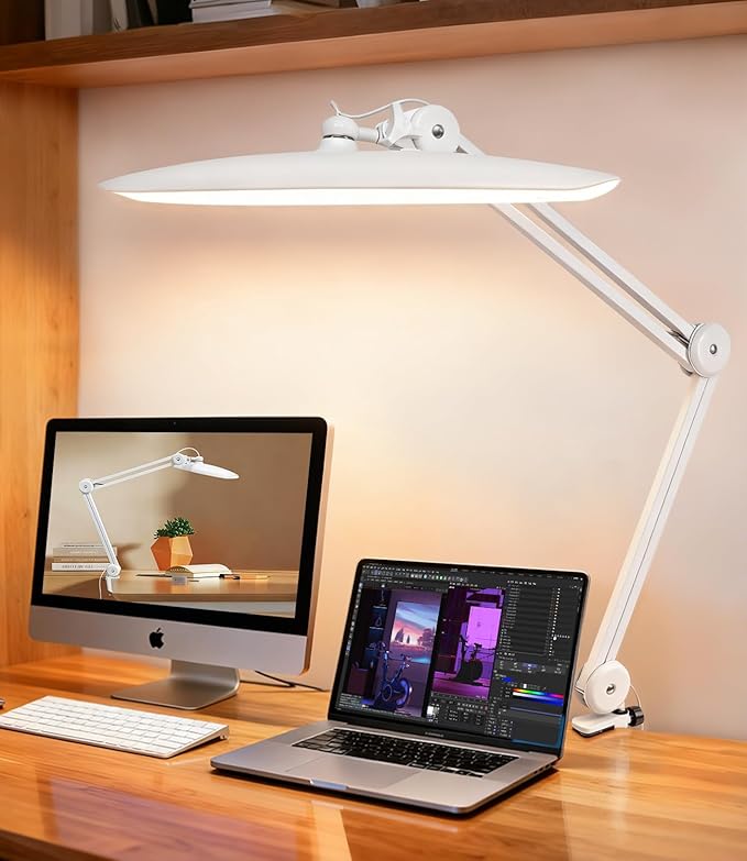 Led Desk Lamp with Clamp, Eye Caring Architect Desk Light for Home Office, Dual Screen Computer Monitor Gooseneck Adjustable Arm 20" LED Lamp, Stepless Dimming, for Reading, Study, Workbench