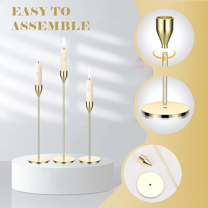27 Pack Candles Holder, 9 Sets Taper Candlestick Holders Fit 0.75 Inch Thick Pillar Candles, Long Candle Sticks Centerpiece Decor for Home Wedding Dinning Party Anniversary(Gold)