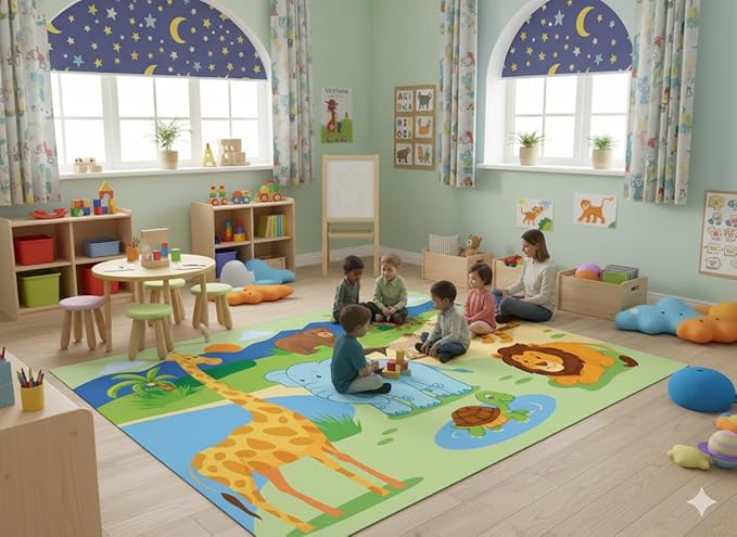 Animal Classroom Rug for Preschool, 106W x 145L inches, Safari Theme, Non-Slip Backing, Educational Kids Area Rug, Multicolor (270x370)