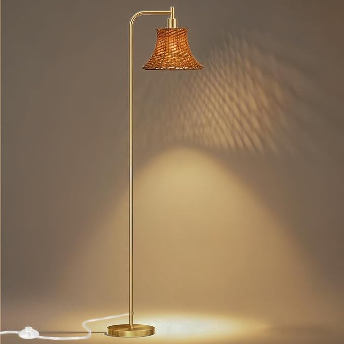 67" Modern Vintage Floor Lamp with Rattan Lampshade - Ideal for Living Room, Bedroom & Office - Heavy Base, Pedal Switch, Stable & Convenient Lighting Solution(Include E26 Bulb)