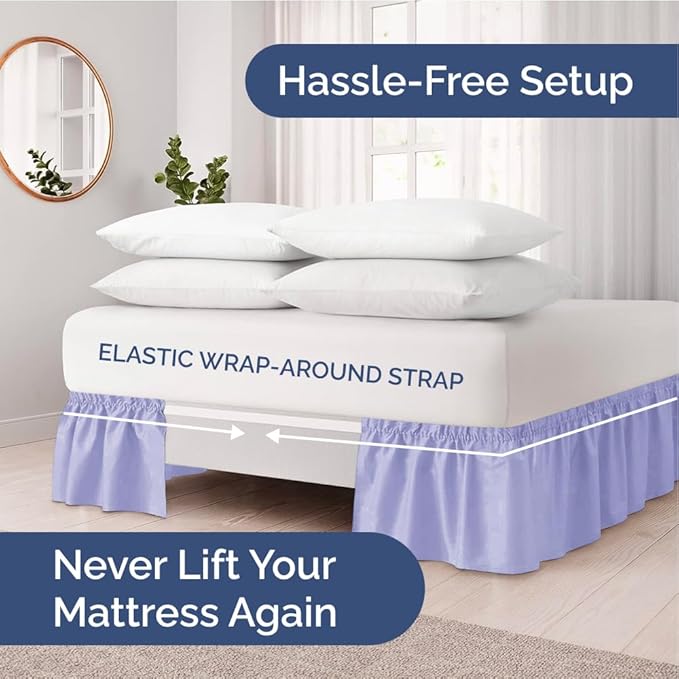 Wrap Around Dust Ruffle Bed Skirt - Lavender - for Full Size Beds with 21 Inch Drop - Easy Fit Elastic Strap - Adjustable Pleated Bedskirt w/Brushed Fabric Wrinkle Free - for Women, Men, Kids & Teens