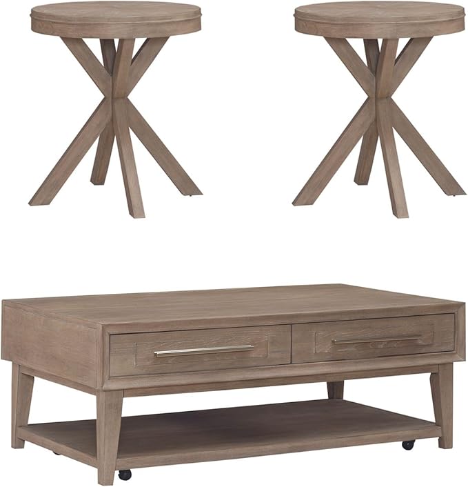 Liberty Furniture Brentwood Opt 3 Piece Living Room Set with Cocktail Table, 2 Round End Tables - Sandstone Oak Wood