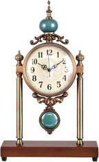 Vintage Fireplace Mantel Clock – Silent Retro Desk Clock for Living Room, Walnut Base with Metal Surface Antique Shelf Pendulum Clock, Home Decor