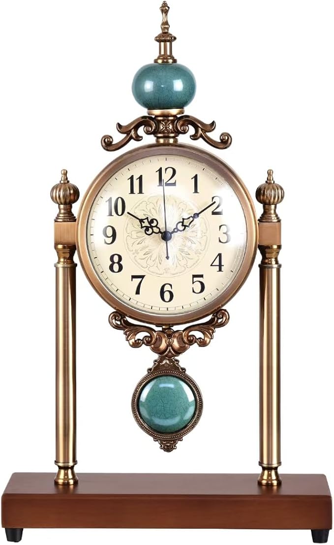 Vintage Fireplace Mantel Clock – Silent Retro Desk Clock for Living Room, Walnut Base with Metal Surface Antique Shelf Pendulum Clock, Home Decor