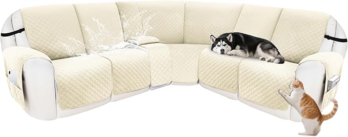 Recliner Sofa Covers 100% Waterproof Velvet L Shape Recliner Couch Covers for Dogs Pets Washable Anti Slip Recliner Slipcovers with Pockets (5 Seat Sofa with 1 Console, Ivory White)