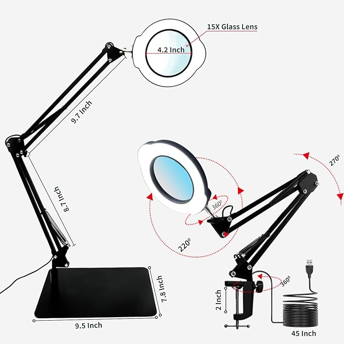 15X Magnifying Glass Desk Lamp, LED Desk Lamp with Base and Clamp, 5 Color Mode, 10 Stepless Dimmable, 84 Leds, 4.2" Diameter Real Glass Lens Magnifying Glass Lamp for Reading Close Work Repair Sewing