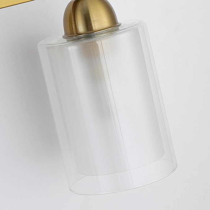 Stainless Steel Bathroom Vanity Light Over Mirror, 3 Light Brushed Gold Bathroom Light Fixtures with Milk Glass and Clear Glass Shades, Modern Vanity Lighting Wall Mount