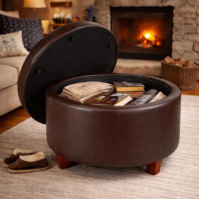 HomePop Round Leatherette Storage Ottoman with Lid, Chocolate Brown Large