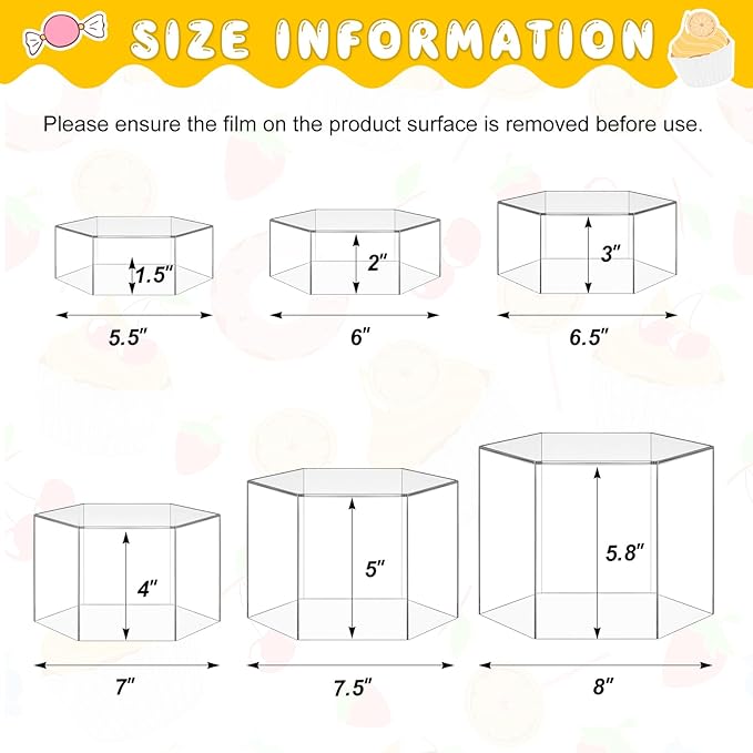 Leinuosen 6 Pcs Large Buffet Risers, 5.5 to 8 Inch Catering Dessert Table Risers Food Decorative Stands with hollow bottom for Catering Supplies, Party(Clear, Hexagonal)