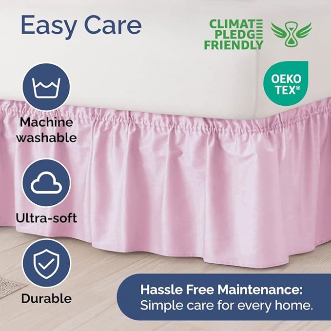 Wrap Around Dust Ruffle Bed Skirt - Light Pink - for Full Size Beds with 18 Inch Drop - Elastic Strap - Adjustable Pleated Bedskirt with Brushed Fabric and Wrinkle Free - for Women, Men, Kids & Teens