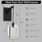 Crystal Brass Hemisphere Wall Sconce - Set of 2 Black Brushed Dimmable Sconces with Bulbs - Modern Hanging Light Decor - Luxury Indoor Lighting Fixture for Bedroom Living Room Bathroom Vanity Hallway