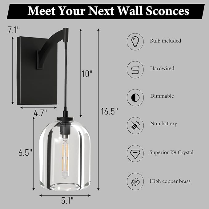 Crystal Brass Hemisphere Wall Sconce - Black Brushed Dimmable Sconces with Bulbs - Luxury Indoor Lighting Fixture - Modern Hanging Light Decor for Bedroom Living Room Bathroom Vanity Hallway