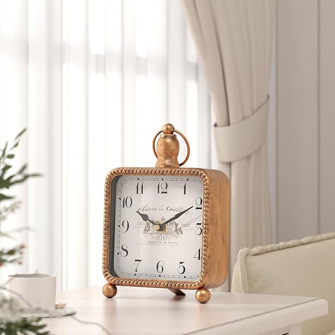 Vintage Gold Table Clock on Stand, Desk and Shelf Decor Clock, French Rustic Style Mantel Clocks for Farmhouse, Living Room, Bedroom, Bedside, Gift (8.5" H x 5.5" W)