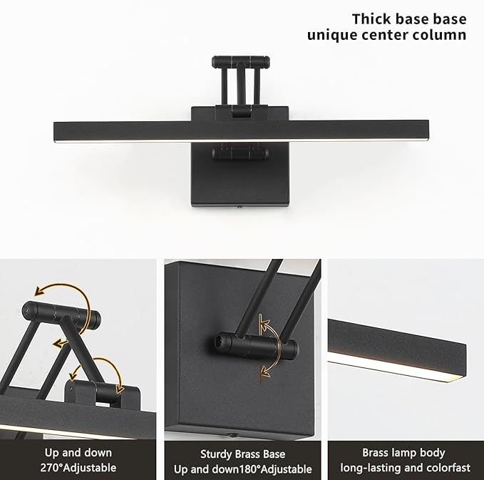 Hard-Wired Picture Light Dimmable LED Picture Lights for Paintings 15.7" Inch Black Metal Body Wall Pictures with Adjustable Swing Arm Art Display Lamps 7W 3000K Warm White Book Light