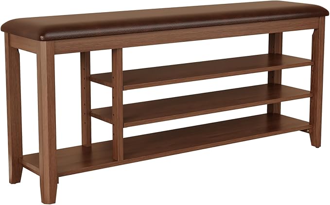 3 Tier Shoe Bench with Cushion,Solid Wood Storage Bench Height Adjustable, Shoe Rack for Entryway,Bedroom,Hallway(Walnut)