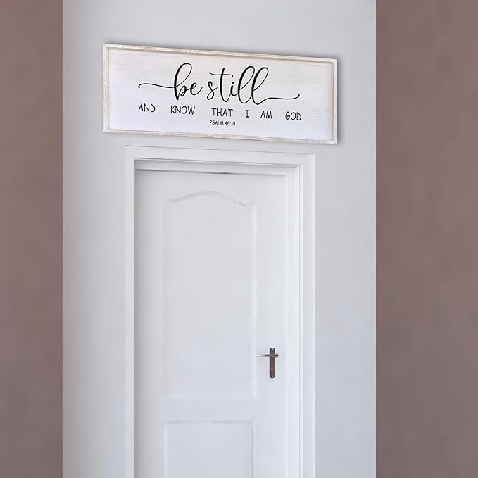 Surfapans Be Still and Know that I am God Wall Decor 40"x15" Large Farmhouse Family Living Room Vintage Religious Bible Verses Entryway Sign Wood Framed Scripture Hallway Hanging Wall Art (White)