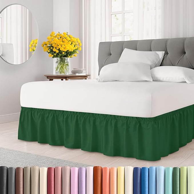 Wrap Around Dust Ruffle Bed Skirt - Emerald - Twin/Twin XL Size Beds w/ 12 Inch Drop - Easy Fit Elastic Strap - Adjustable Pleated Bedskirt w/Brushed Fabric - Wrinkle Free - Women, Men, Kids & Teens