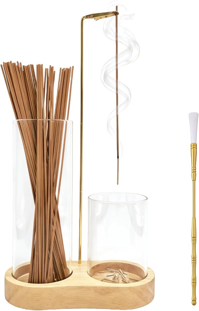 2 in 1 Glass Incense Holder for Sticks, Wooden Base Incense Burner with Metal Brush for Meditation Yoga Spa Office Home Decor Gifts(Brown,Natural Wood Color) (Natural Wood)