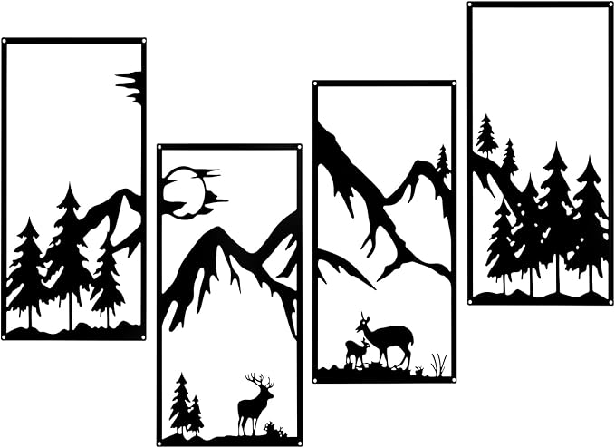 Bdor Four-in-One Metal Wall Art - 22.05" x 12.20" Each Panel - Mountain Deer Silhouette Wall Decor - Modern Rustic Forest Landscape for Home & Office