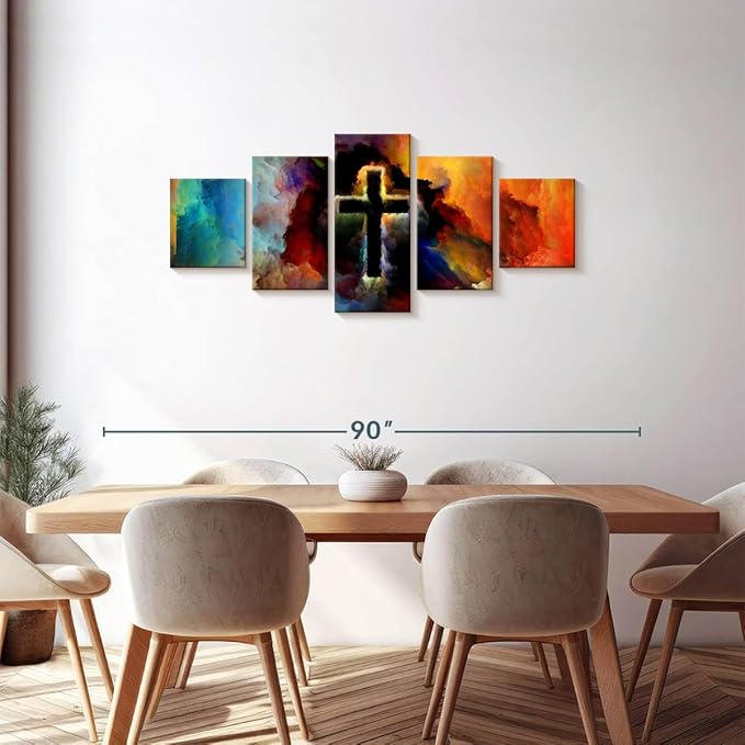 Elephant Stock Colorful Cross Wall Art Multi Piece Canvas - 5 Panel Christian Pictures Decor - Digital Design Canvas Print - Christian Wall Decor - 68" X 30"