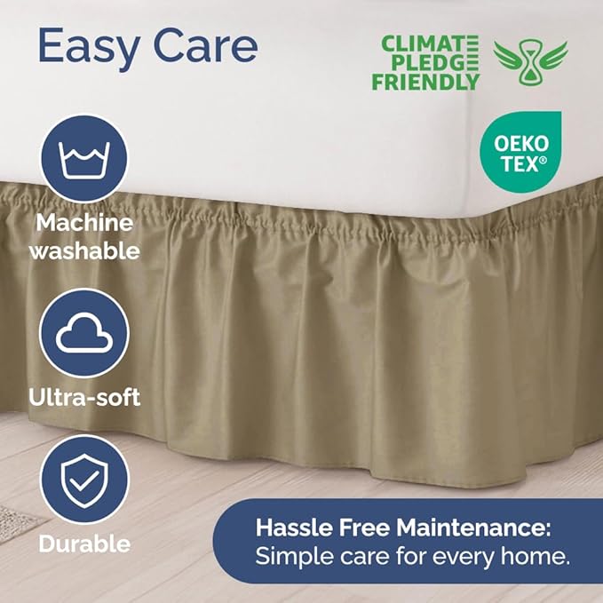 Wrap Around Dust Ruffle Bed Skirt - Khaki - Twin/Twin XL Size Beds w/ 15 Inch Drop - Easy Fit Elastic Strap - Adjustable Pleated Bedskirt w/Brushed Fabric - Wrinkle Free - Women, Men, Kids & Teens