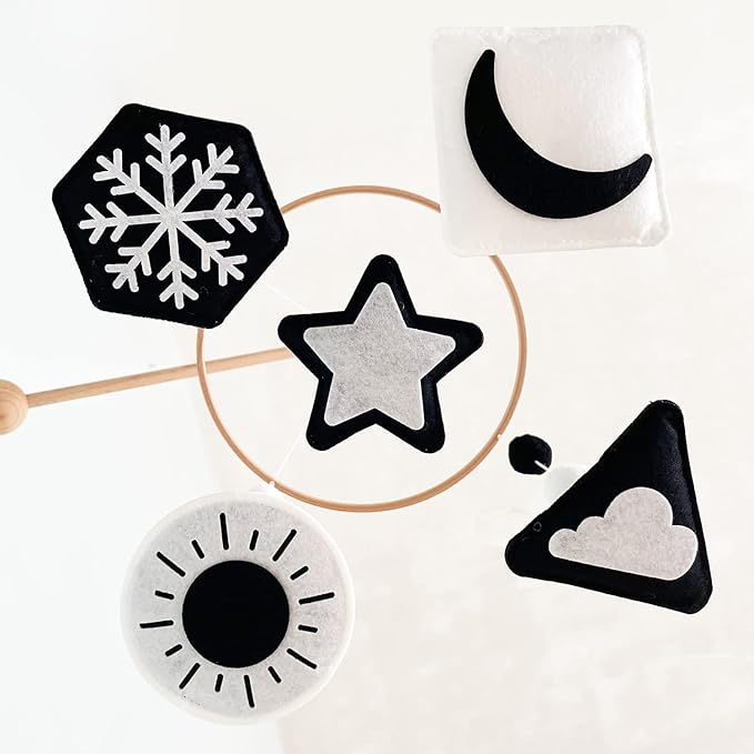 Montessori Mobile, Black and White Baby Crib Mobile, Neutral Nursery Mobile Decoration for Pack N Play, for Baby Boy & Girl, Sun, Moon, Star, Snow, Cloud