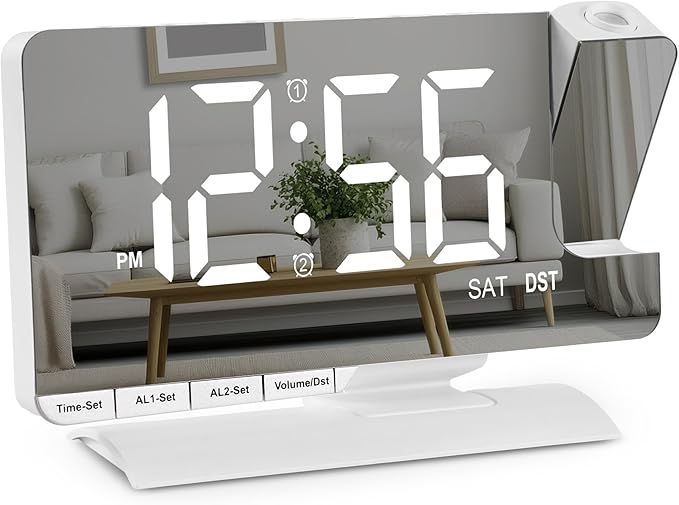 Amgico Projection Alarm Clock,Digital Clock with Projection,7.3" Mirror Clock with 180°Rotating Projector,Dual Alarm with 3 Mode,Bright Adjust,DST,Snooze,Charging Port,5 Levels Volume for Desk Teens