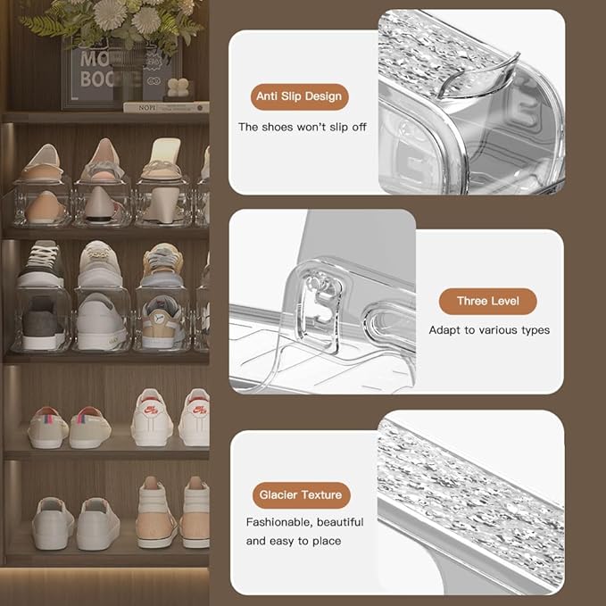 Clear Closet Shoe Slots Organizer 3-Level Adjustable Shoe Stackers For A Pair Of Shoes Double Layer Storage Space Saving Shoe Holder (Clear Grey, 4 Pack)