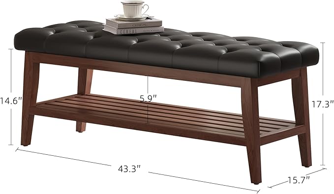 LEILISI Entryway Shoe Bench with Storage, End of Bed Bench, Microfiber Leather Upholstered Button-Tufted Seat Bench with Solid Wood Frame for Living Room, Bedroom (Black, 43.3'')