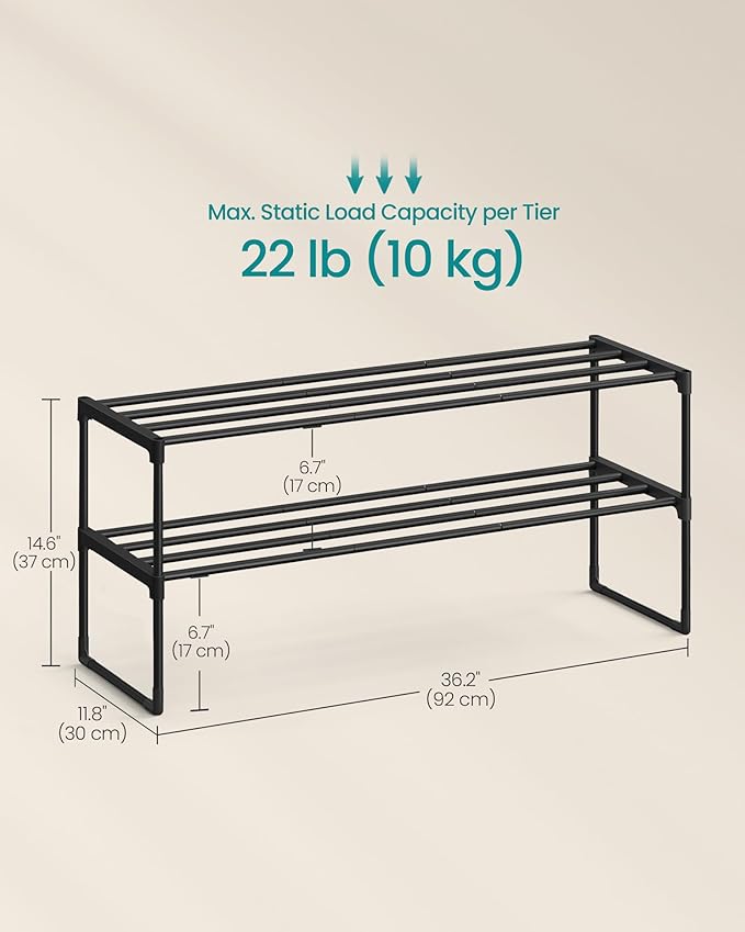 SONGMICS Shoe Rack, 2-Tier Shoe Organizer, Metal Storage Shelf, Upright or Upside Down, for 12-15 Pairs, Stackable, for Entryway, 11.8 x 36.2 x 13.4 Inches, Black ULSA12BK