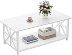 GreenForest Coffee Table for Living Room with Round Corners Farmhouse Style Center Table with Storage Shelf 39 Inch Space Saving Easy Assembly Full White