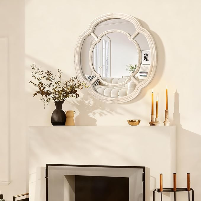 White Irregular Mirror, Wall Mounted Wavy Circle Mirror Wood Frame Round Hanging Decorative Mirros for Entryway Living Room Vanity and Bedroom, 20 Inch Home Decor