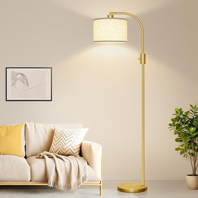 Nintiue Upgraded Modern Arc Dimmable Tall Standing Floor Lamp with Linen Shade, 1200 Lumens LED Bulb Included, for Living & Reading Room, Bedroom, Office & Nursery, Gold